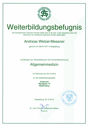 Urkunde Weiterbildungsbefügnis